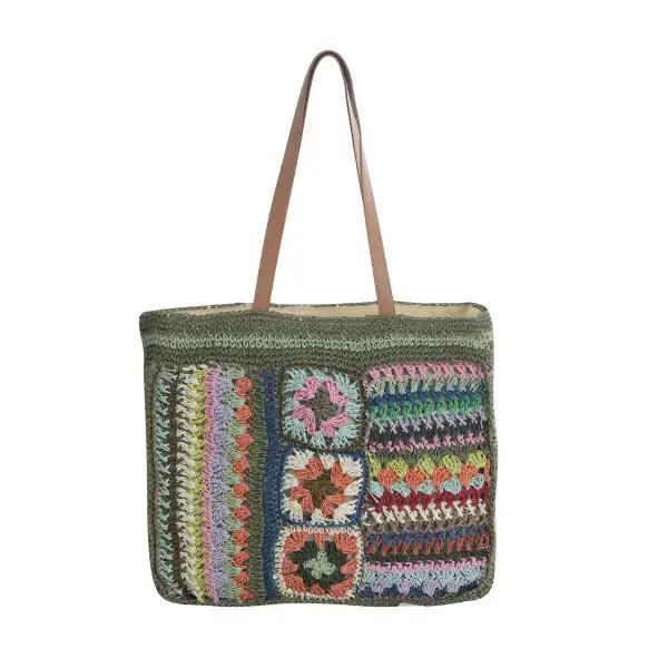 Straw-Woven and Crocheted Contrast-Color Shoulder Bag